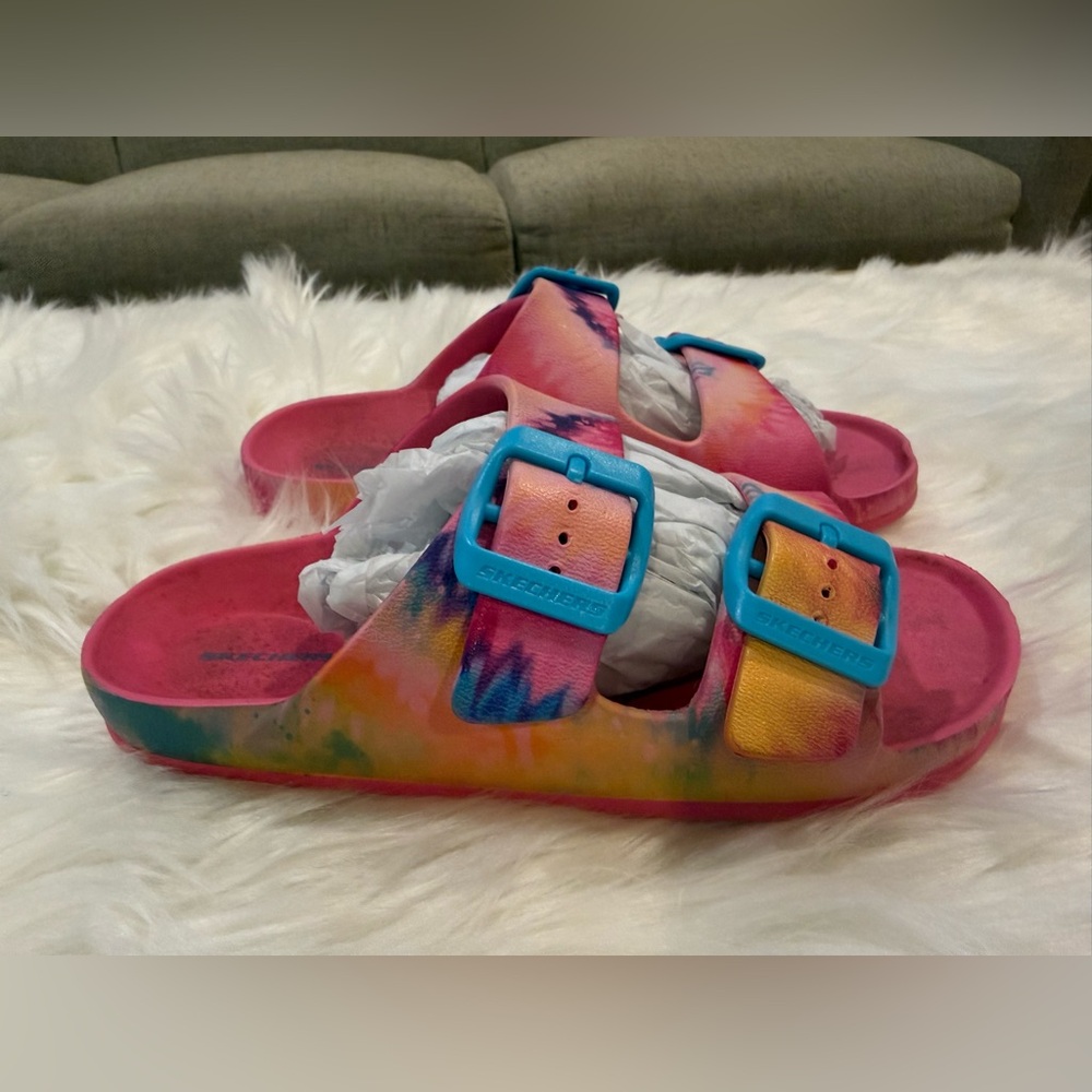 Skechers Kids' Multicolor Tie-Dye Sandals with Blue Buckles